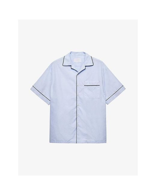 Prada Blue Brand-Appliqué Contrast-Piping Cotton Shirt Xxl for men
