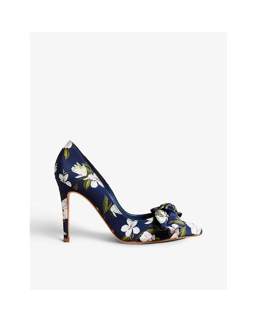 Ted Baker Blue Floral-print Bow-front Heeled Woven Court Shoes
