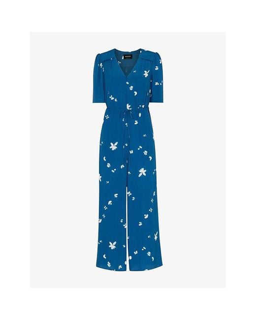 Whistles Blue Floral-Print Short-Sleeve Woven Jumpsuit