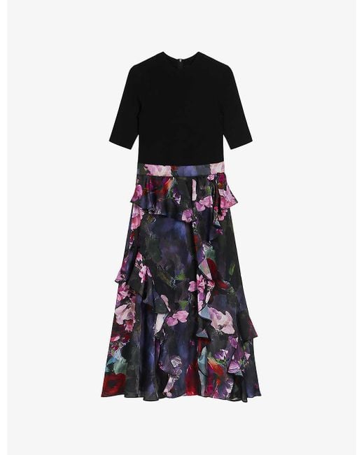 Ted Baker Black Rowana Knitted-blend And Floral Woven Midi Dress