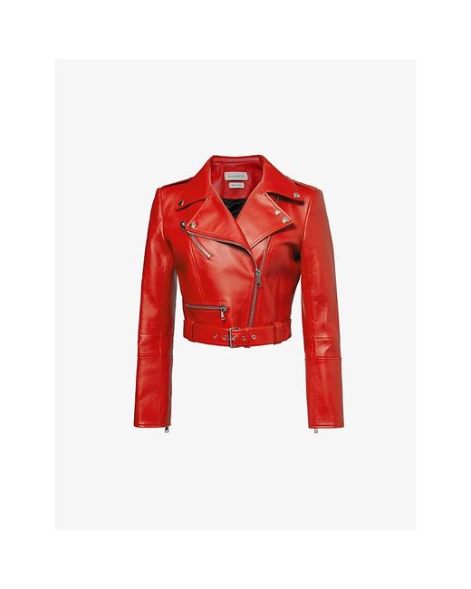Alexander McQueen Red Notched-collar Cropped Leather Jacket