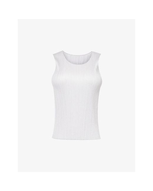 Pleats Please Issey Miyake White Basic Sleeveless Pleated Knitted Jersey Top