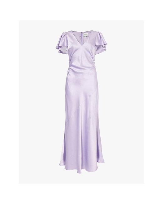 Reformation Purple Vida Ruffle-Sleeve Satin Maxi Dress