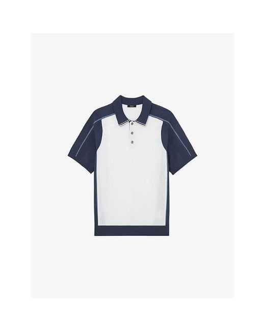 Reiss Blue Claremont Colour-Block Knitted Polo Shirt for men