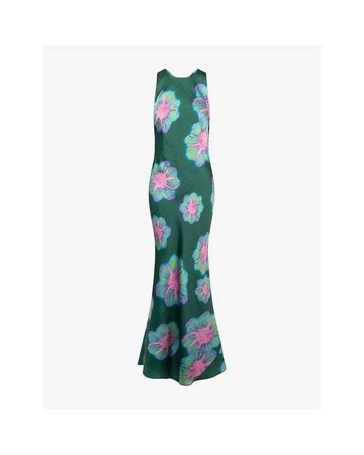 OMNES Green Jai Floral-Print Satin Maxi Dress