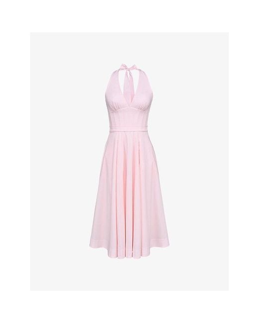 House Of Cb Pink Allena Corset-Bodice Stretch-Cotton Midi Dress