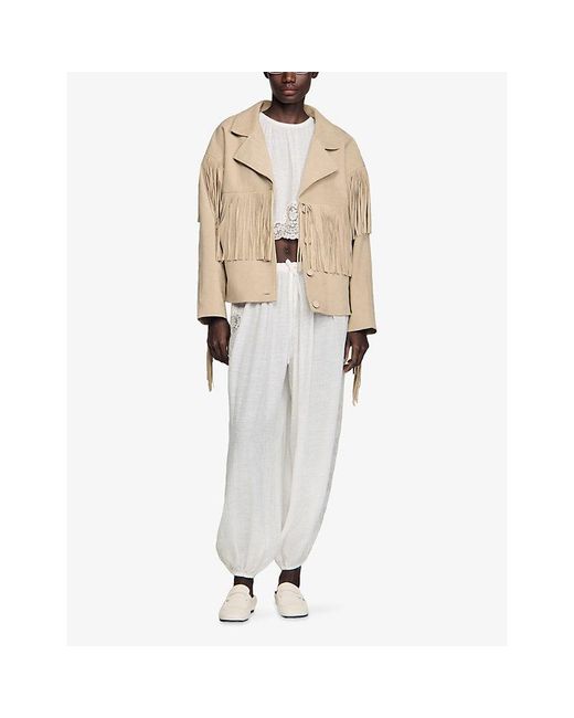 Sandro Natural Oversized Fringed Suede Jacket