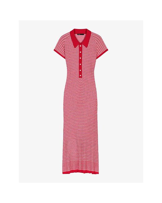 Maje Pink Polo-collar Slim-fit Knitted Midi Dress