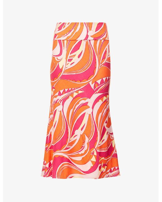 Cult Gaia Laith Abstract-print Linen-blend Midi Skirt in Red | Lyst