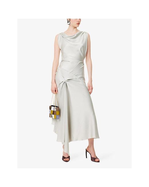 Victoria Beckham Gray Posy Twisted-Shoulder Satin Midi Dress