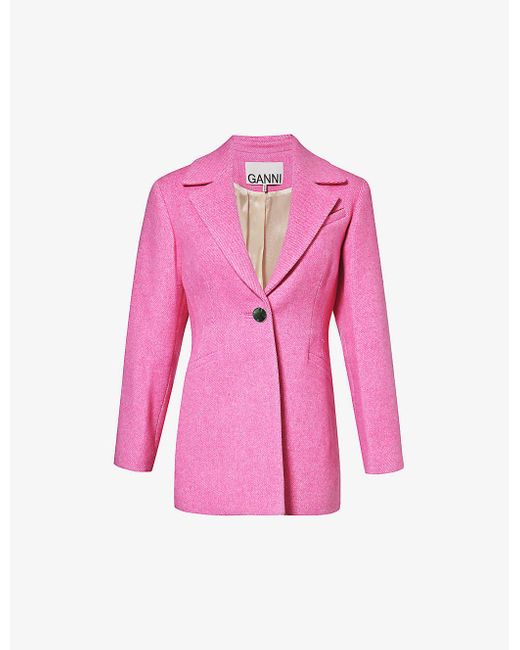 Ganni Pink Longline Single-breasted Recycled-wool Blend Twill Blazer