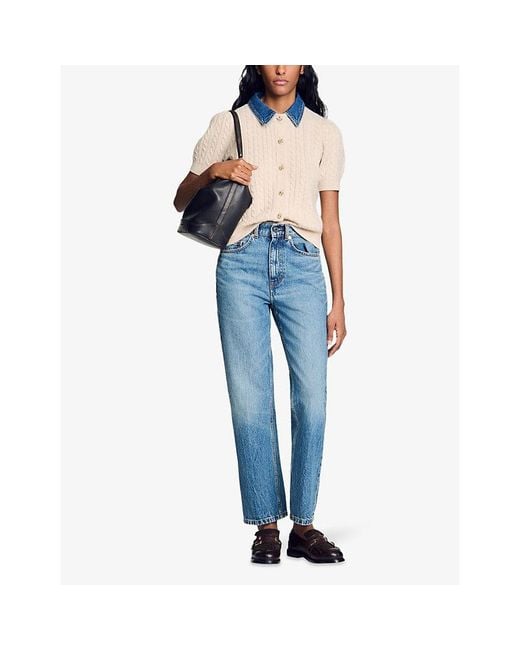 Sandro Natural Denim-Collar Short-Sleeve Wool And Cashmere-Blend Cardigan