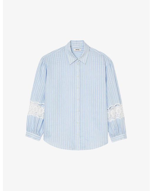 Sandro Blue Lace-trim Striped Linen-blend Shirt