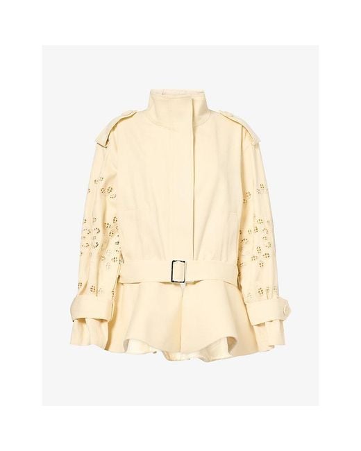 Mona Alshebil Natural Henna-Embroidered Peplum-Hem Cotton Trench Jacket