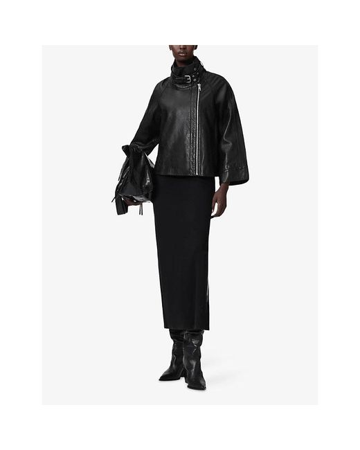 AllSaints Black Rhodes Funnel-Neck Relaxed-Fit Leather Jacket