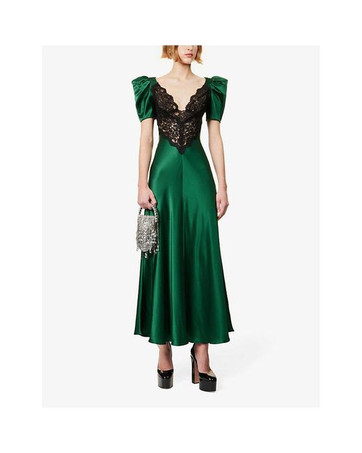 Rodarte Green Lace-panel V-neck Silk Maxi Dress
