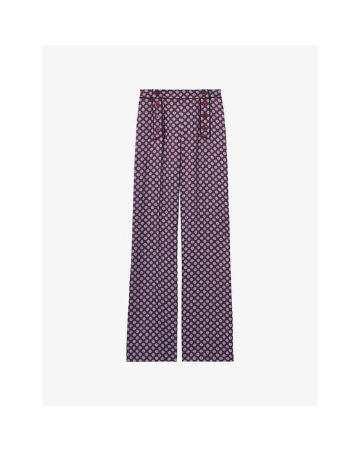 Claudie Pierlot Purple Abstract-Print Straight-Leg Satin Trousers