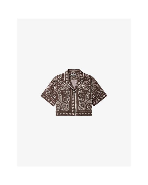 Sandro Brown Bandana-Print Cropped Satin Shirt