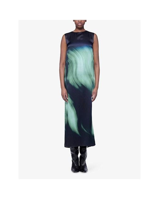 eem Green Sleeveless Printed Silk Midi Dress