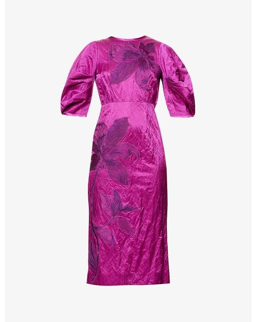 Erdem Sandrine Floral-appliqué Silk Midi Dress in Pink | Lyst
