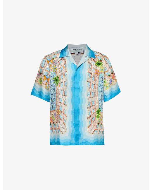 Casablancabrand Blue Cuban-collar Silk Shirt X for men
