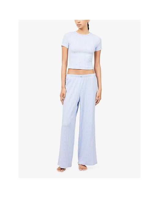 Lounge Underwear Blue Pointelle Floral Cotton-Jersey Pyjama Bottoms