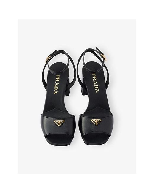 Prada Black Triangle-Logo Leather Heeled Sandals