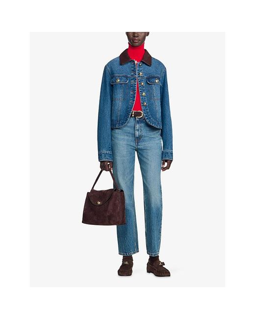 Sandro Blue Leather-Collar Denim Jacket