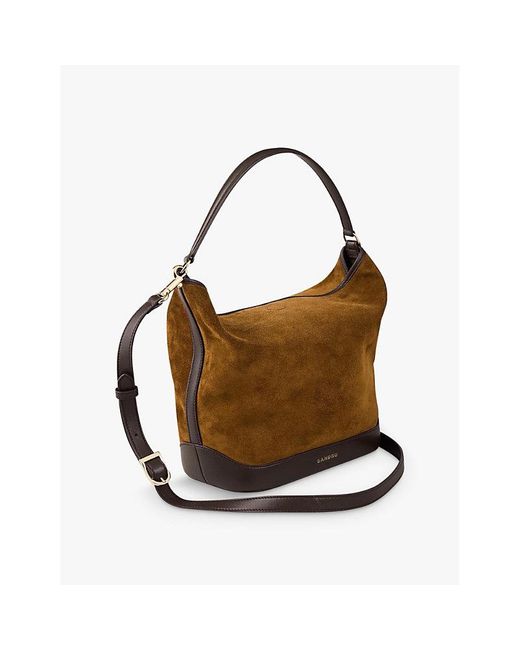 Sandro Brown Removable-Strap Slouchy Suede And Leather Shoulder Bag