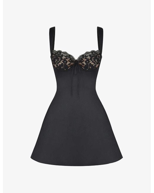 House Of Cb Black Adriana Lace-cup And Satin Mini Dress