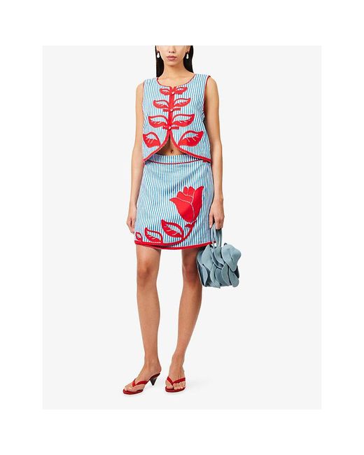 Farm Rio Blue Sky Stripes Leaf-Embroidered Linen Mini Skirt