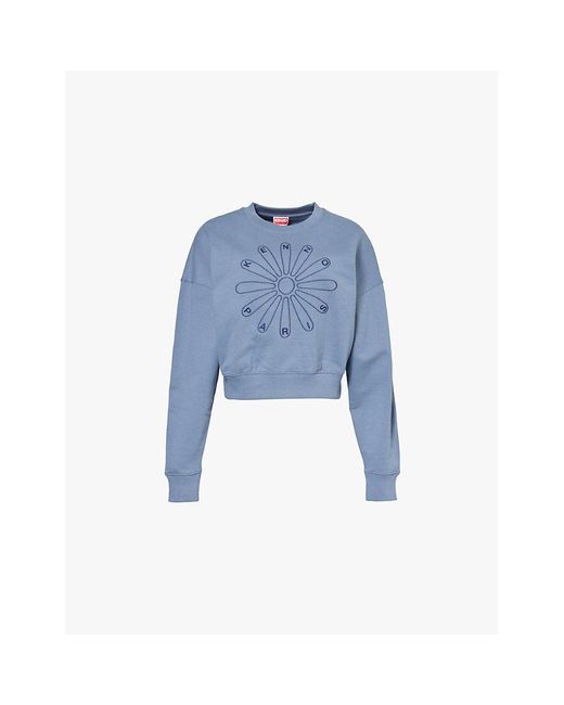 KENZO Flower Embroidered Cropped Cotton Jersey Sweatshirt in Blue Lyst