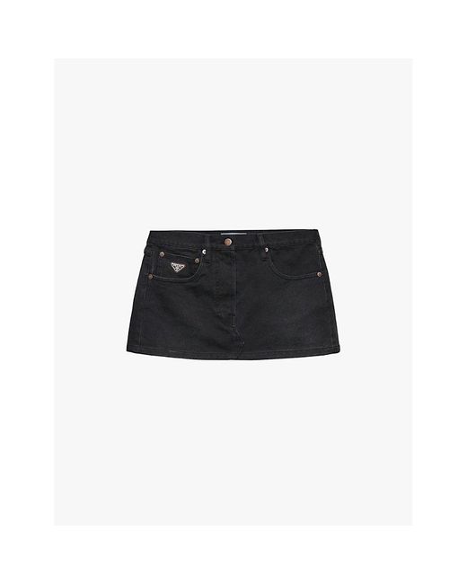 Prada Black Brand-Plaque Low-Rise Denim Mini Skirt
