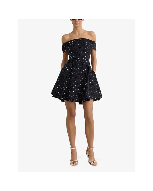 Reiss Blue Arwen Polka-Dot Bardot Stretch-Woven Mini Dress