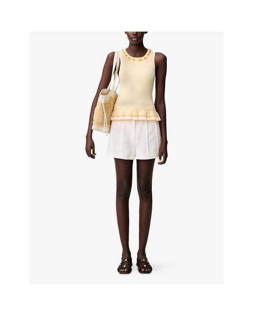 Claudie Pierlot Natural Floral-Embellished Peplum-Hem Knitted Top