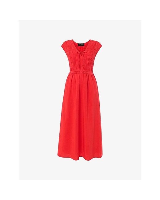 Whistles Shirred-Bodice V-Neck Midi Cotton-Blend Dress