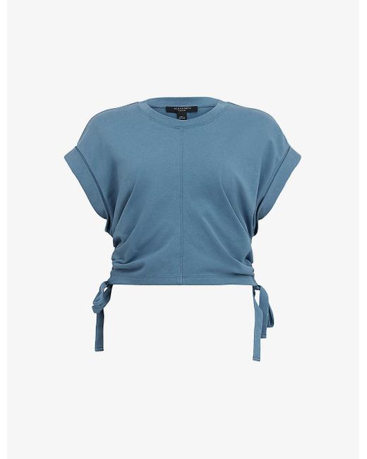 AllSaints Blue Mira Side-drawcord Cropped Organic-cotton T-shirt