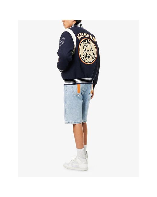ICECREAM Blue Collegiate Patch Brushed-Fleece Varsity Jacket for men
