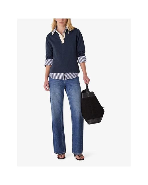 Whistles Blue Long-Sleeved Contrast-Trim Cotton Polo Shirt