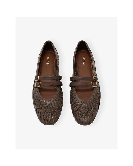 Reiss Black Elizabeth Leather And Raffia Ballet Flats