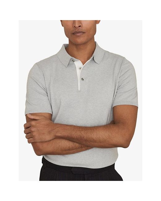 Reiss Gray Finch Contrast-Placket Stretch-Woven Polo Shirt for men