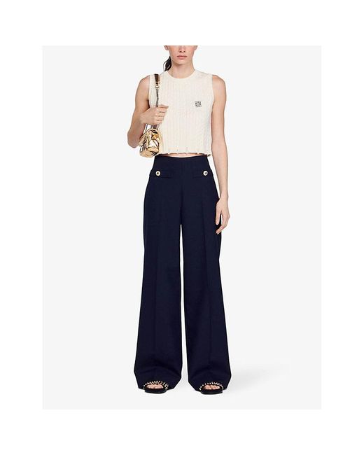 Sandro Blue Button-embellished Wide-leg High-rise Wool-blend Twill Trousers