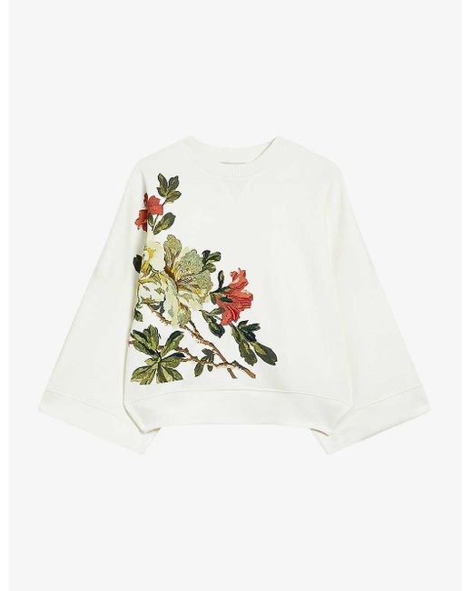 Ted Baker White Laurale Floral-embroidered Relaxed-fit Stetch-woven Jumper