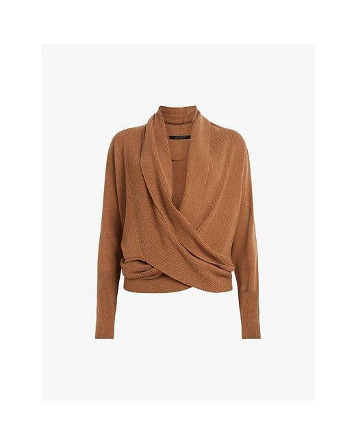 AllSaints Brown Pirate Wrap-over Recycled Cashmere-blend Cardigan