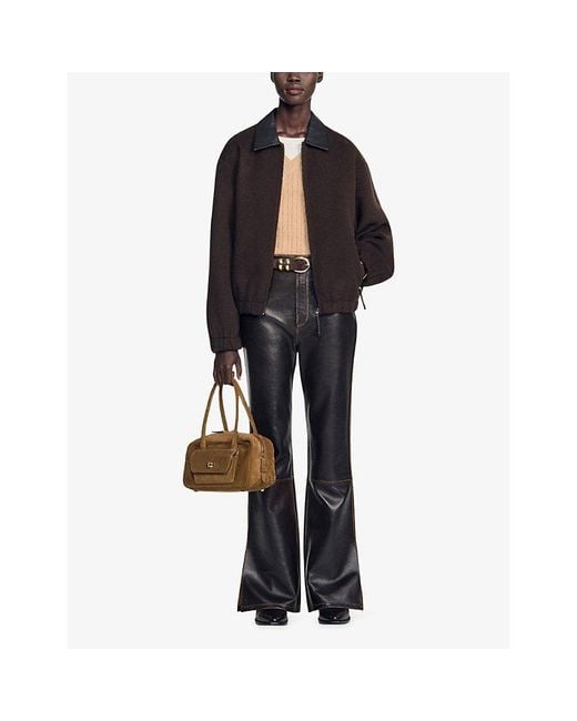 Sandro Black Leather-Collar Double-Face Wool Coat