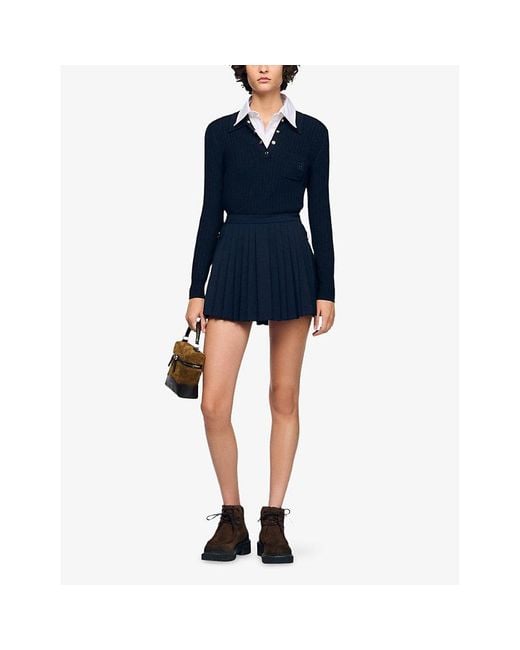 Sandro Blue Long-Sleeved Polo-Collar Knitted Jumper