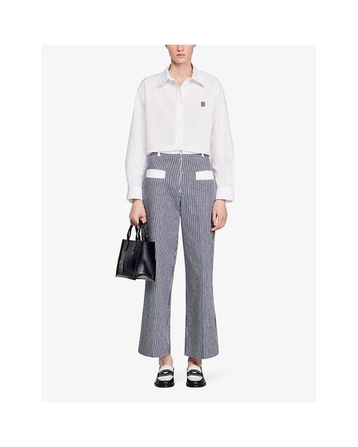 Sandro Gray Striped Patch-pocket Flared-leg Mid-rise Cotton Trousers