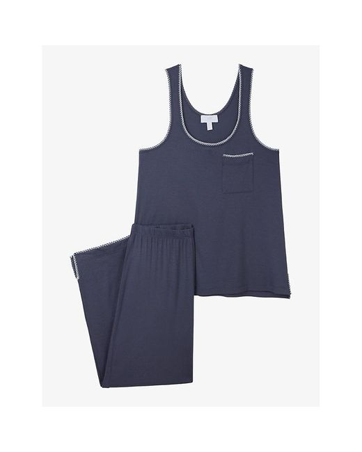 The White Company Blue Contrast-stitch Relaxed-fit Stretch-jersey Pyjama Set X