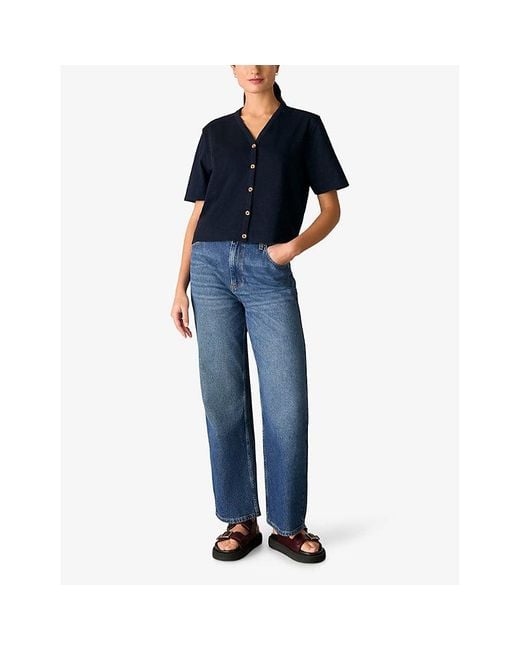 Whistles Blue Ella V-Neck Button-Through Cotton-Jersey T-Shirt