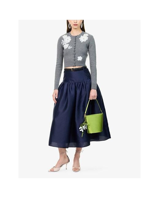 Self-Portrait Blue Dropped-Waist Taffeta Midi Skirt